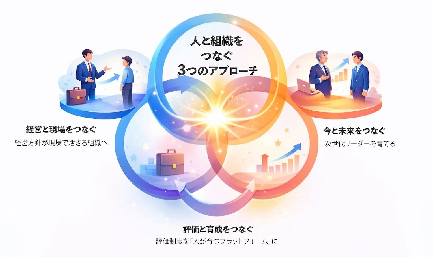 3つのアプローチ：経営と現場をつなぐ・評価と育成をつなぐ・今と未来をつなぐ